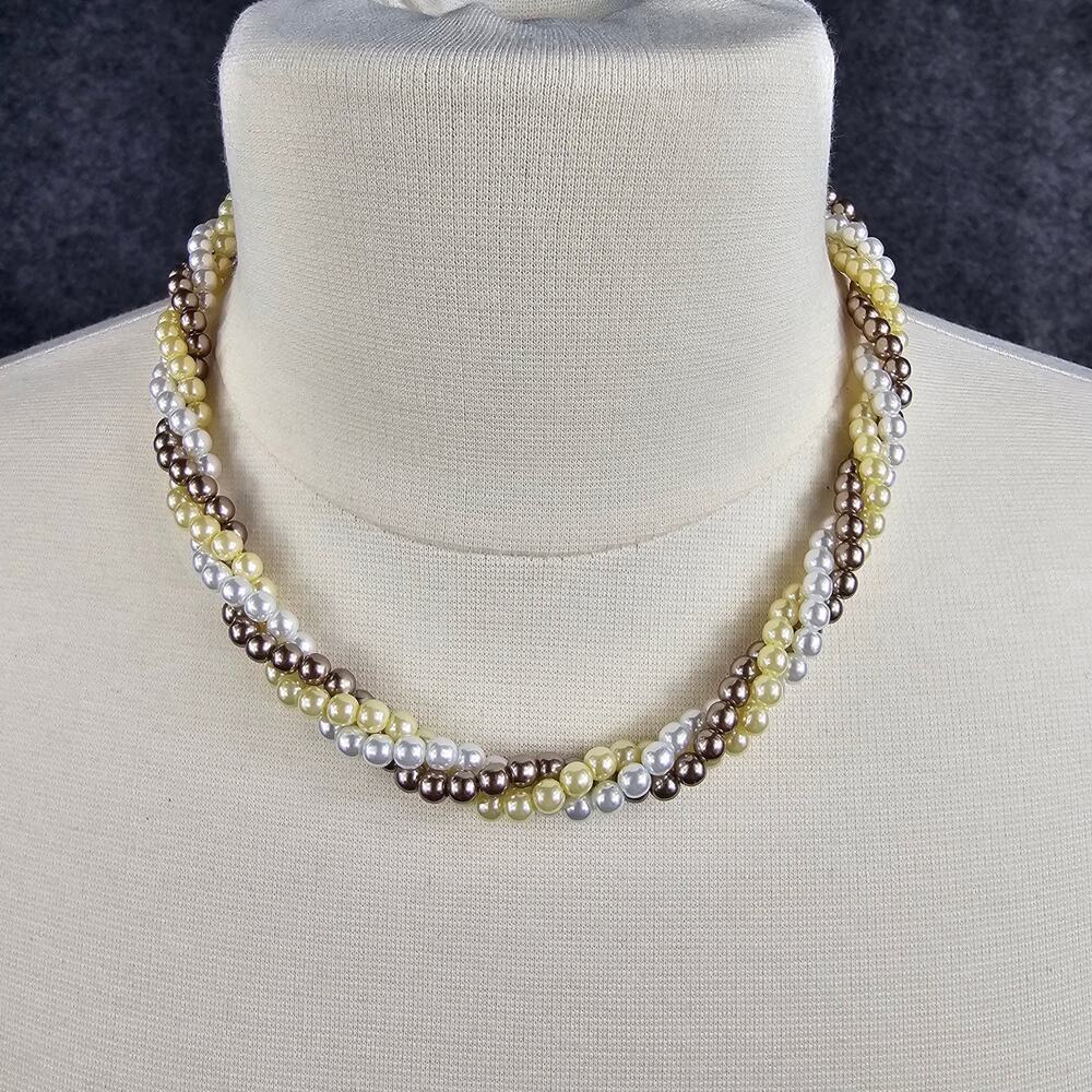 Tri Color Faux Pearl Necklace Multi-Strand Twisted 15-19" Gold Tone Chain